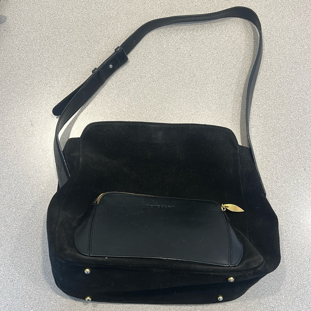 Devecchi black suede and leather with gold-tone hardware shoulder bag